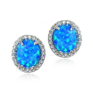 Blue Opal Oval Earrings with Cubic Zirconia Halo